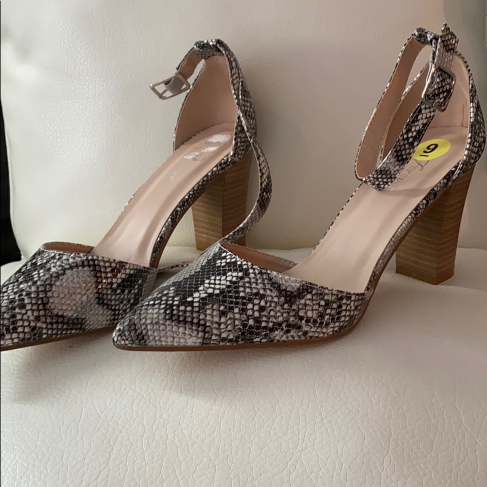 Snake skin pumps with cork heel—never worn!
